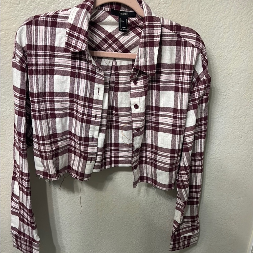 Forever 21 Burgundy Plaid Cropped Shirt